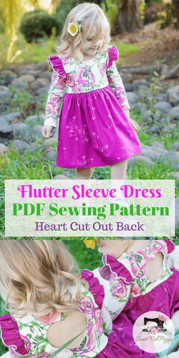 PDF Sewing Pattern Girls Flutter Sleeve Dress with Heart Back Cut Out
