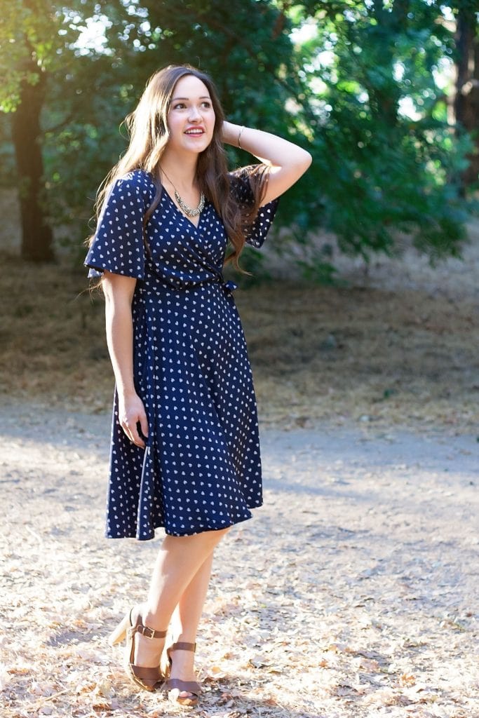 The Pippa Wrap Dress PDF Sewing Pattern from Designer Stitch in blue and white voile
