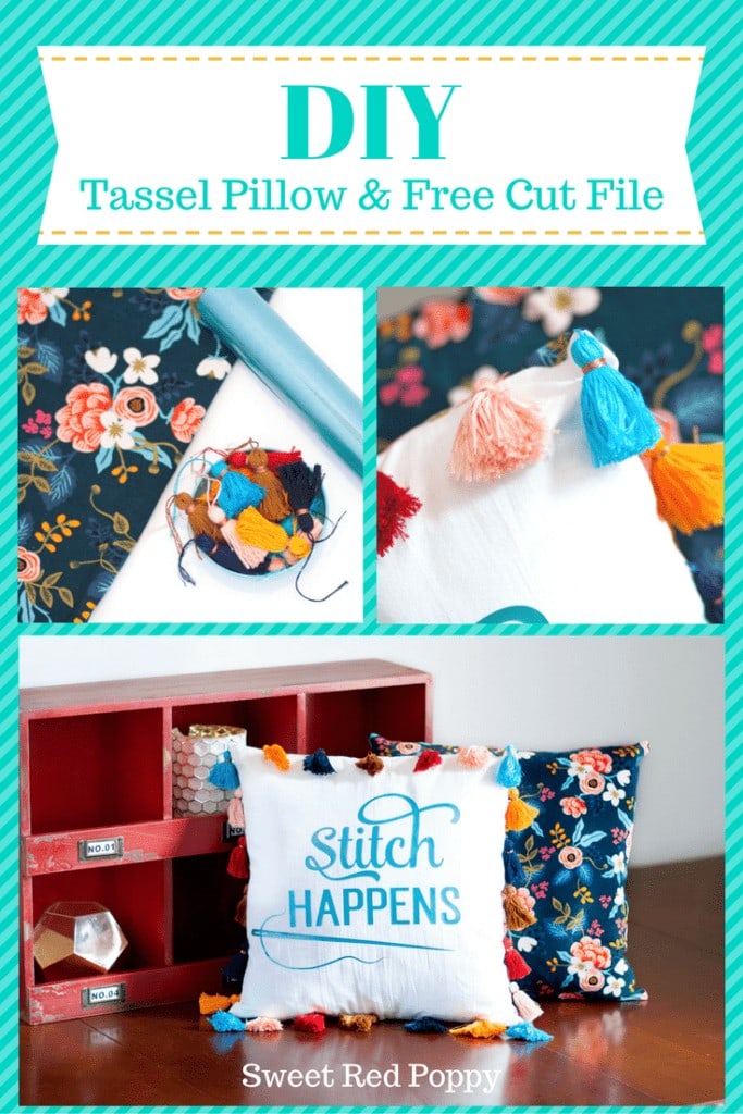 DIy Tassel Pillow Anthropologie Inspired Cricut Iron-On HTV Free Cut File Stitch Happens