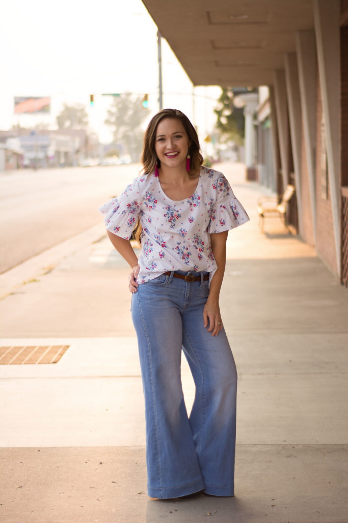 Blue Carolina Fabric from Riley Blake Designs Grainline Scout Tee with Ruffle Sleeves PDF Pattern