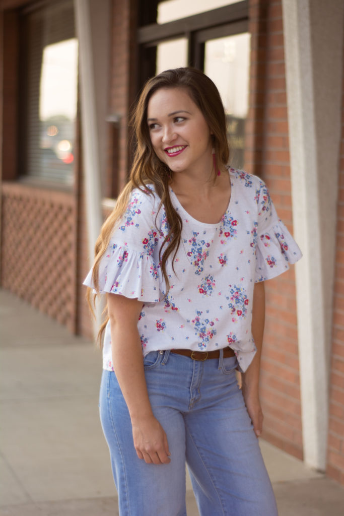 Blue Carolina Fabric from Riley Blake Designs Grainline Scout Tee with Ruffle Sleeves PDF Pattern