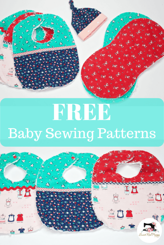 Free baby sewing patterns featured by top US sewing blog, Sweet Red Poppy: Three Free Easy to Sew Baby Patterns. Top Knot Baby Hat, Flannel Burp Cloth and Easy Bib Tutorial.