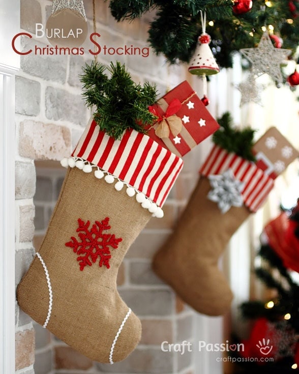 20+ Christmas Sewing Projects featured by top US craft blogger, Sweet Red Poppy: Craft Passion Burlap Christmas Stocking with Pom Pom Trim Sewing Tutorial