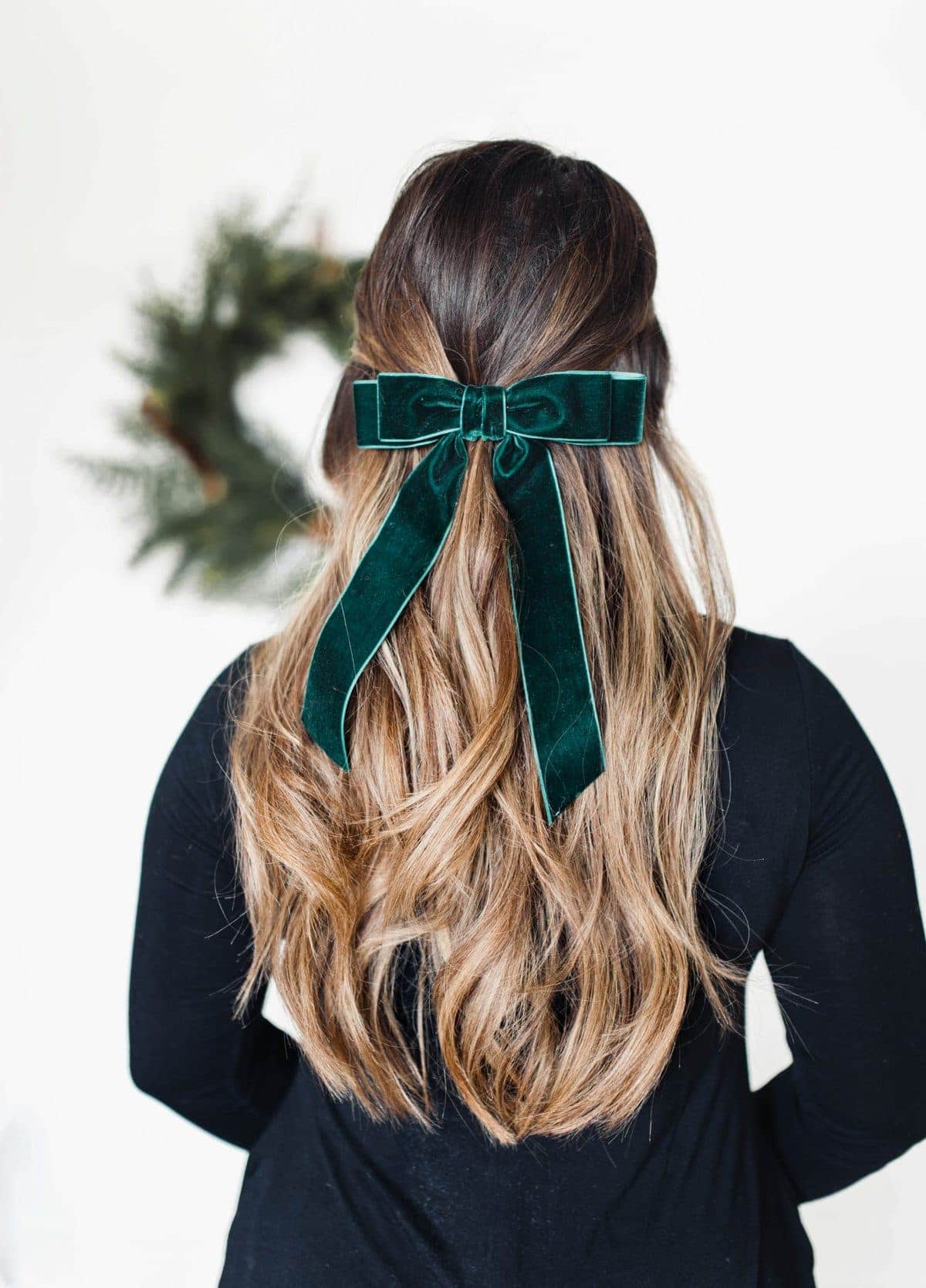 Green Velvet Hair Ribbon With Pearls for Girls Christmas 