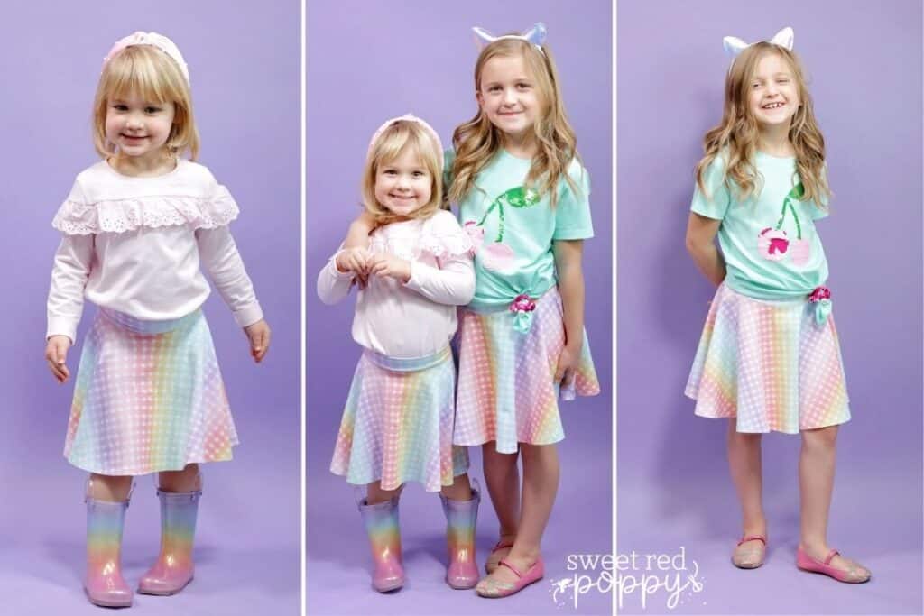 Leggings Pattern by popular US sewing blog, Sweet Red Poppy: collage image of two young girls wearing knit circle skirts. 