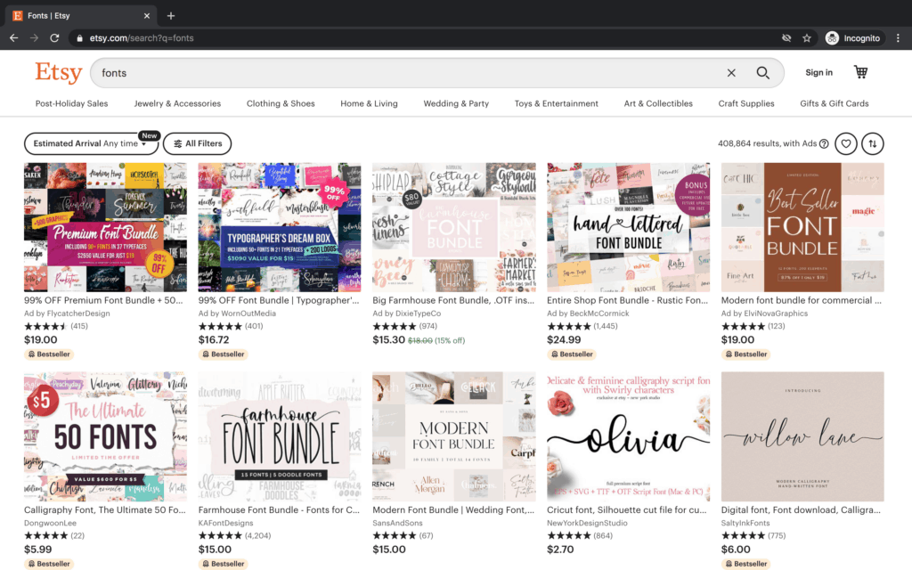 How to Upload a Font to Cricut by popular US craft blog, Sweet Red Poppy: screenshot of Etsy font bundles. 