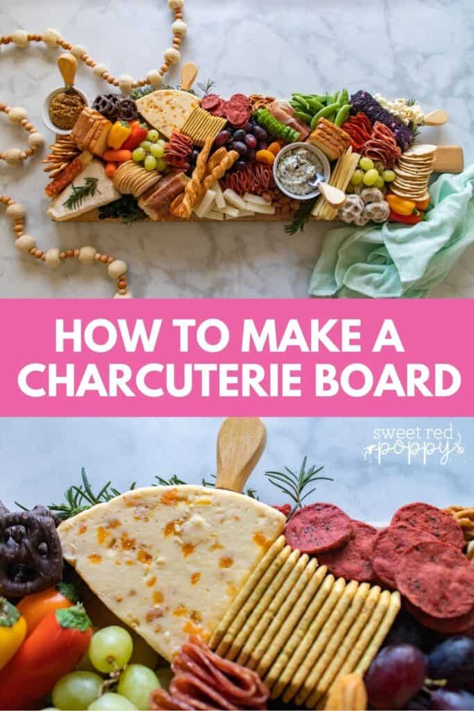Learn How to Assemble a Charcuterie Board Filled With Cheese, Meats, Crackers, Nuts, Fruits & Vegetables. |How to Assemble a Charcuterie Board by popular Utah craft blog, Sweet Red Poppy: image of a charcuterie board filled with cheese, nuts, fruit, meat, crackers, dips, vegetables, and yogurt dipped pretzels. 
