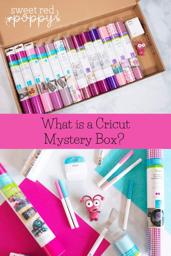 Learn What A Cricut Mystery Box Is, What Comes In A Cricut Mystery Box, What A Cricut Cutie Is, How To Get A Mystery Box, and If A Cricut Mystery Box Is Worth It For You.  |Cricut Mystery Box by popular Utah craft blog, Sweet Red Poppy: image of a cardboard box filled with Cricut iron-on vinyl and a Cricut cutie. 