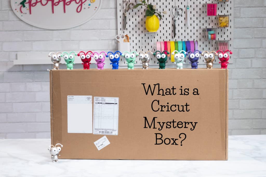 Cricut Mystery Box by popular Utah craft blog, Sweet Red Poppy: image of a Cricut Mystery box with a bunch of Cricut cuties standing on top. 