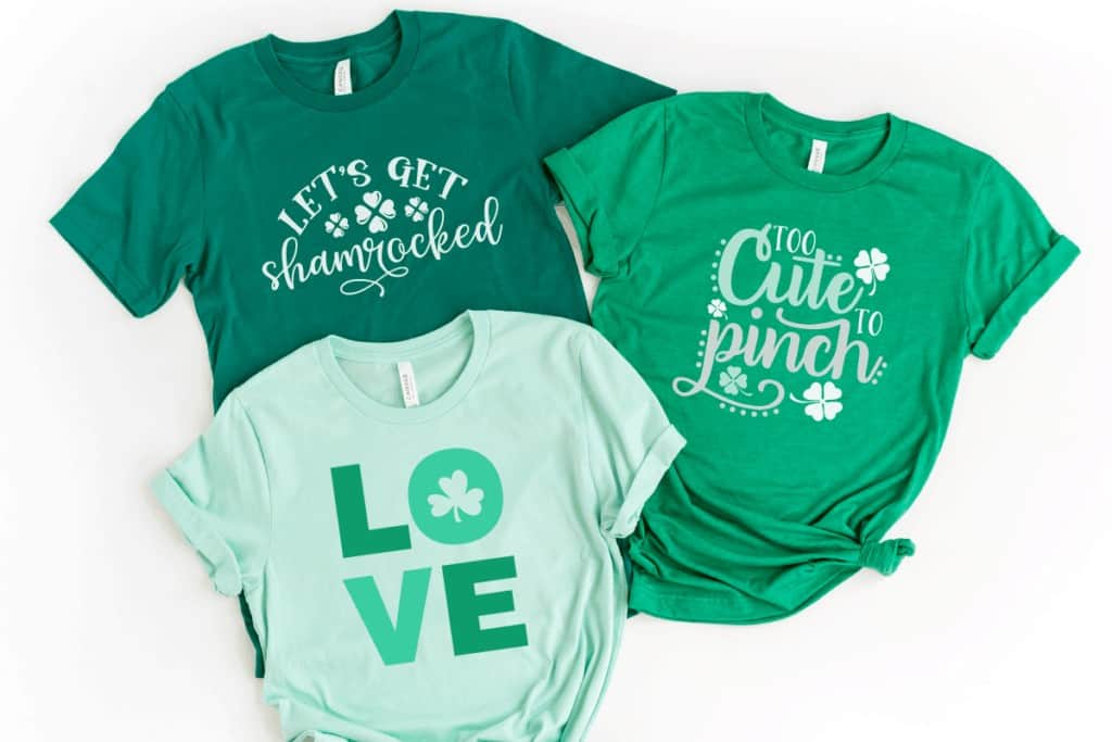 FREE St. Patricks Day SVG Files |St. Patrick's Day SVG Files by popular US craft blog, Sweet Red Poppy: collage image of t-shirts with St. Patrick's Day graphics.