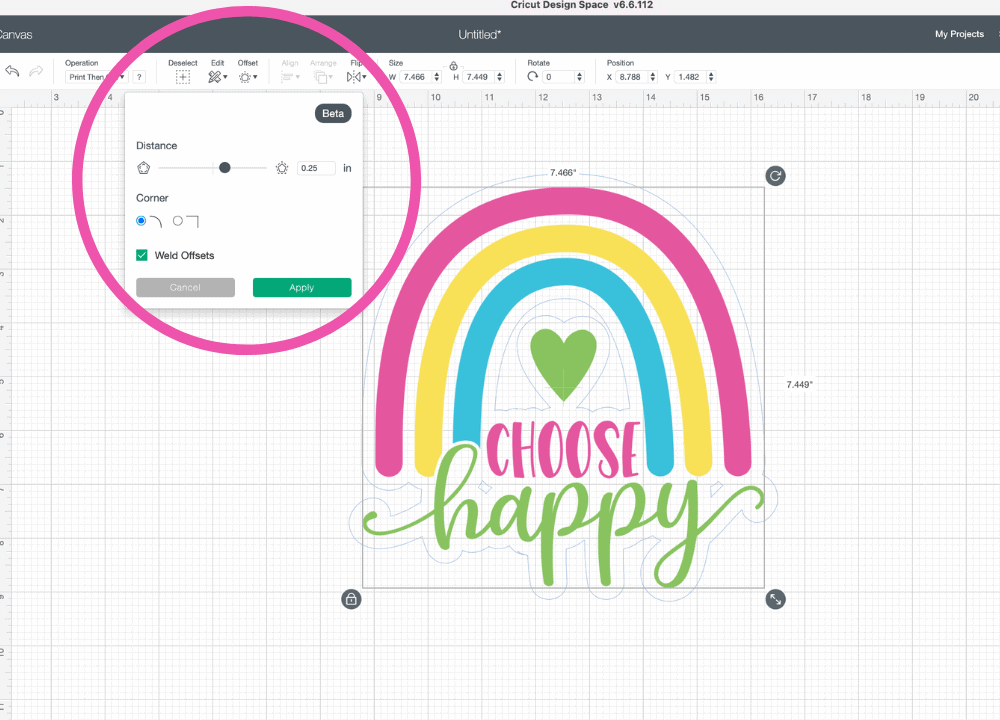 How to Use Offset by popular US craft blog, Sweet Red Poppy: image of a rainbow image in Cricut Design Space canvas. 