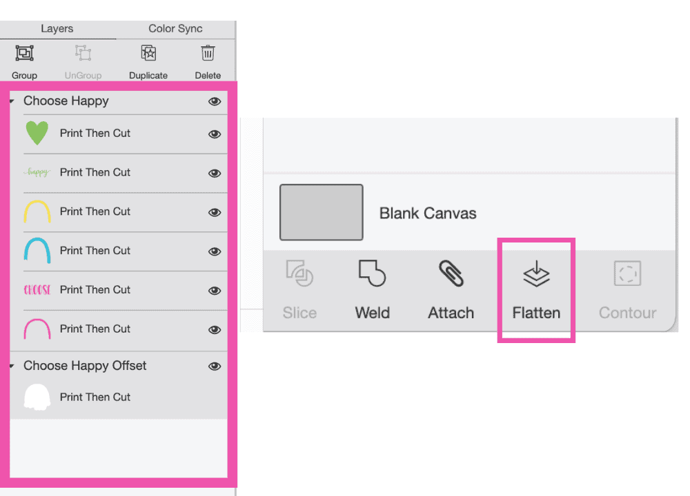 How to Use Offset by popular US craft blog, Sweet Red Poppy: image of flattening a print in Cricut design space. 