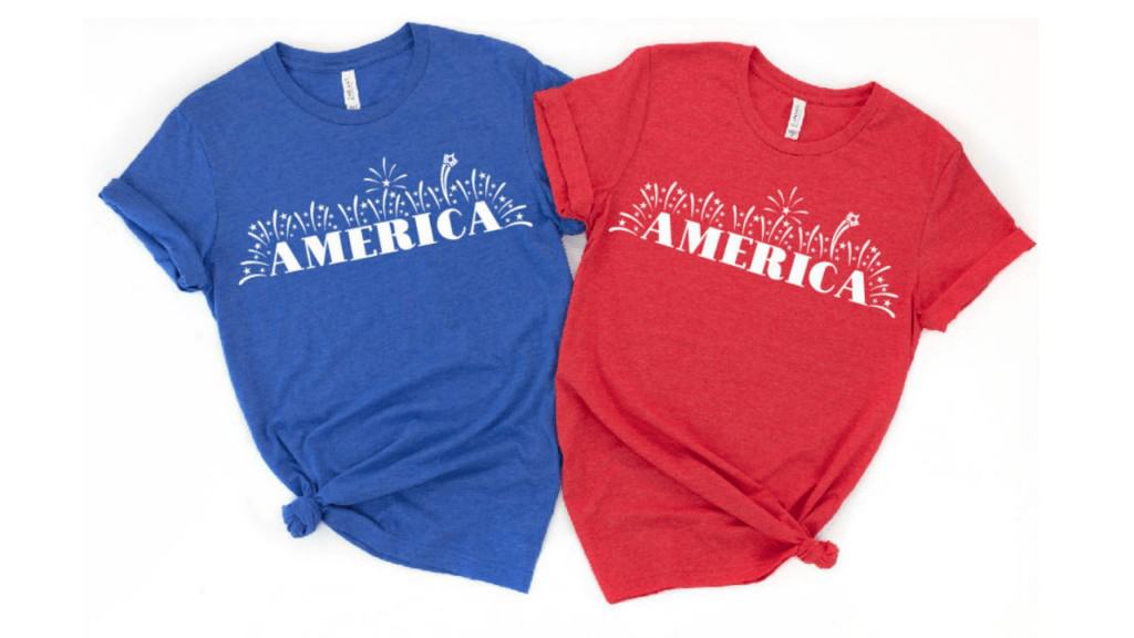 Free SVG Cut Files by popular US craft blog, Sweet Red Poppy: image of a red and blue t-shirt with a white America iron on. 
