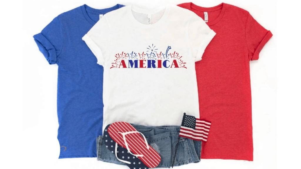 Free SVG Cut Files by popular US craft blog, Sweet Red Poppy: image of a blue, red, and white t-shirt with an America cut file on it and a pair of jean shorts, Stars and Stripes flip flops, and a mini American flag. 