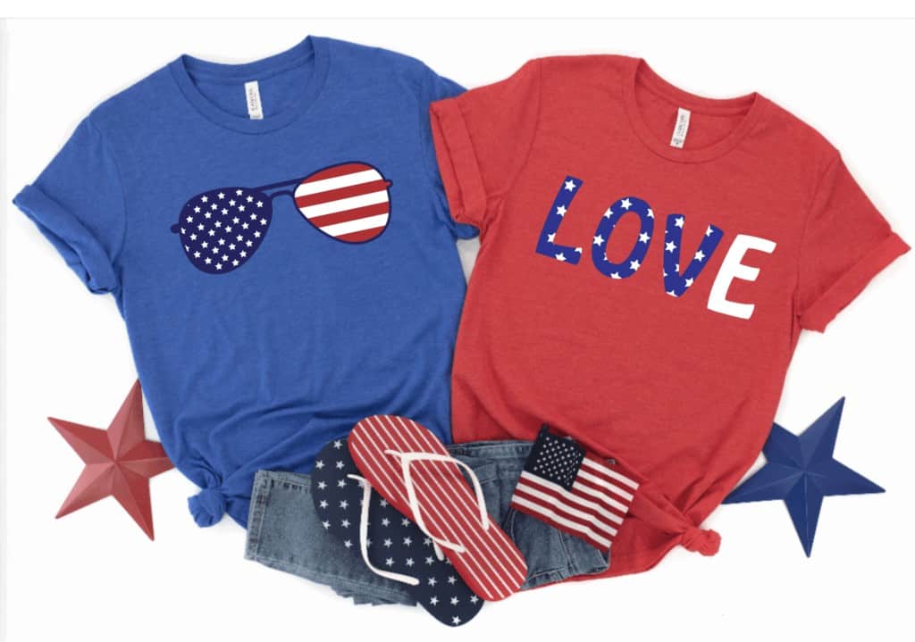 Free SVG Cut Files by popular US craft blog, Sweet Red Poppy: image of a blue t-shirt with a pair of Stars and Stripes sunglasses iron on and a red t-shirt with blue and white stars love iron on next to a pair of jean shorts, Stars and Stripes flip flops, and a mini American flag. 