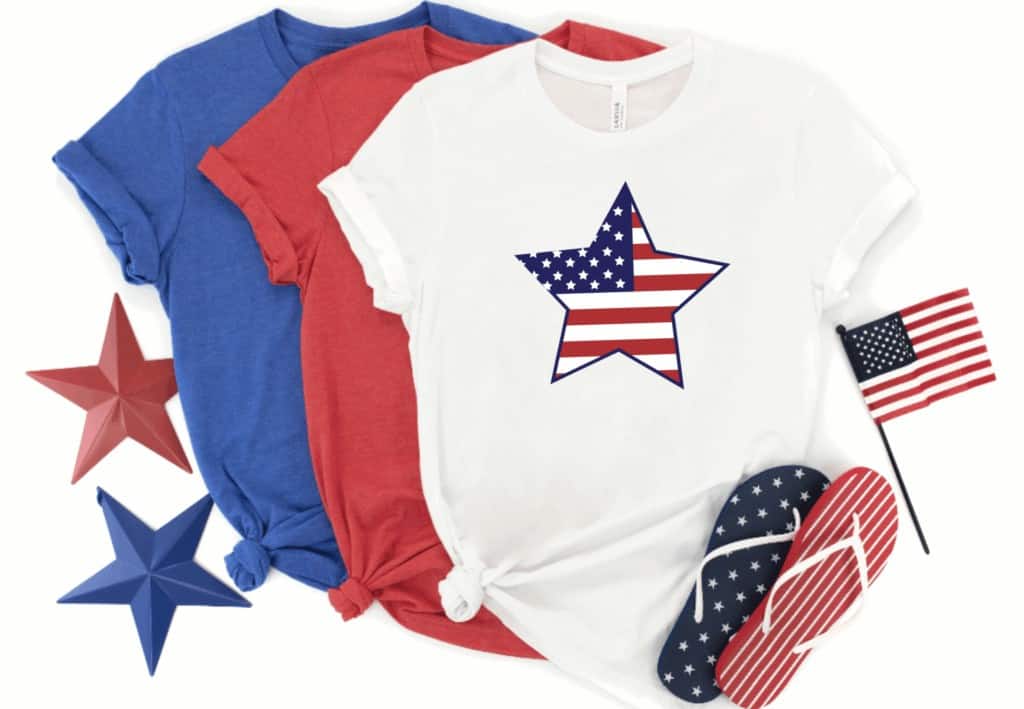 Free SVG Cut Files by popular US craft blog, Sweet Red Poppy: image of a blue, red, and white t-shirt with a Stars and Stripes star iron on next to a pair of Stars and Stripes flip flops and a mini American flag. 