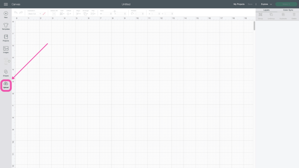 Open Cricut Design Space and create a new project, then click Upload