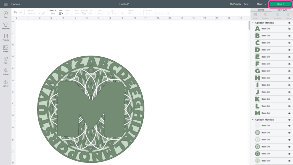 Alphabet Mandala by popular US craft blog, Sweet Red Poppy: image of Cricut design space. 
