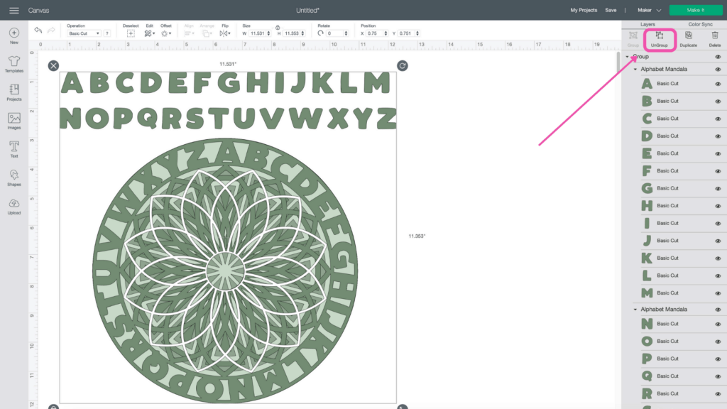 Alphabet Mandala by popular US craft blog, Sweet Red Poppy: image of Cricut design space. 