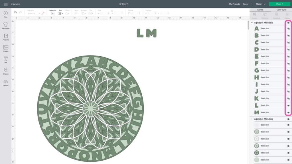 Alphabet Mandala by popular US craft blog, Sweet Red Poppy: image of Cricut design space. 