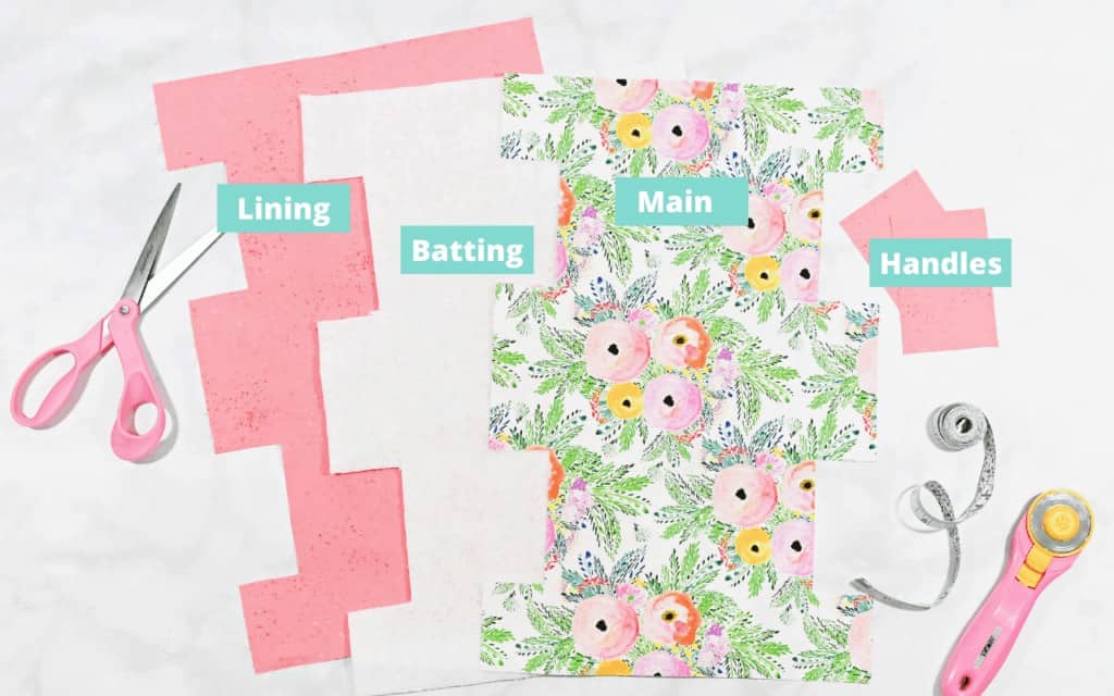 Step 2: Cut out Fabric | Zippered Box Pouch by popular US sewing blog, Sweet Red Poppy: image of pink handle fabric scissors, white fabric measuring tape, pink rotary cutter, pink fabric, white batting, and floral fabric. 