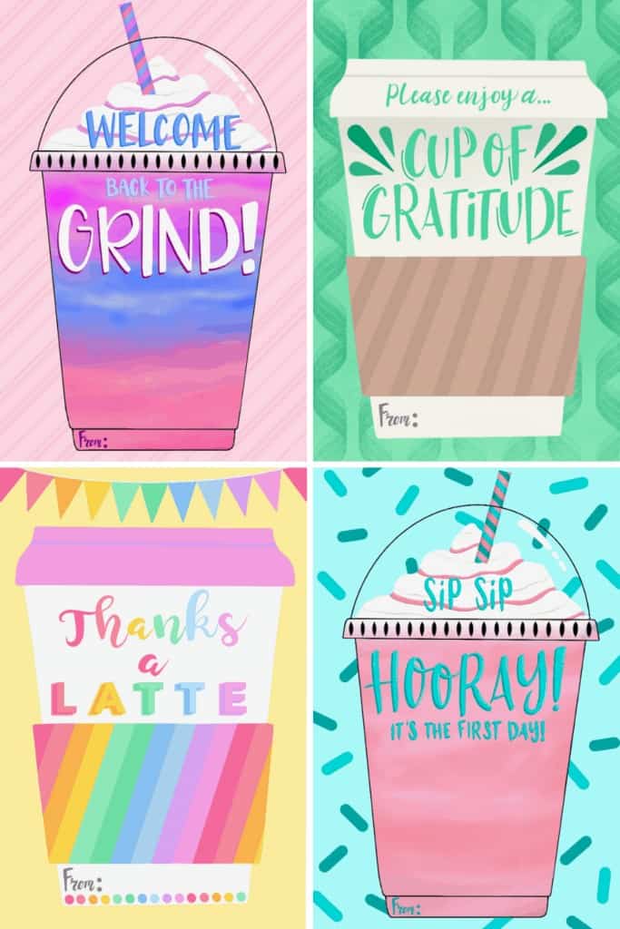 Teacher Gift by popular US craft blog, Sweet Red Poppy: image of various coffee themed teacher gift cards. 