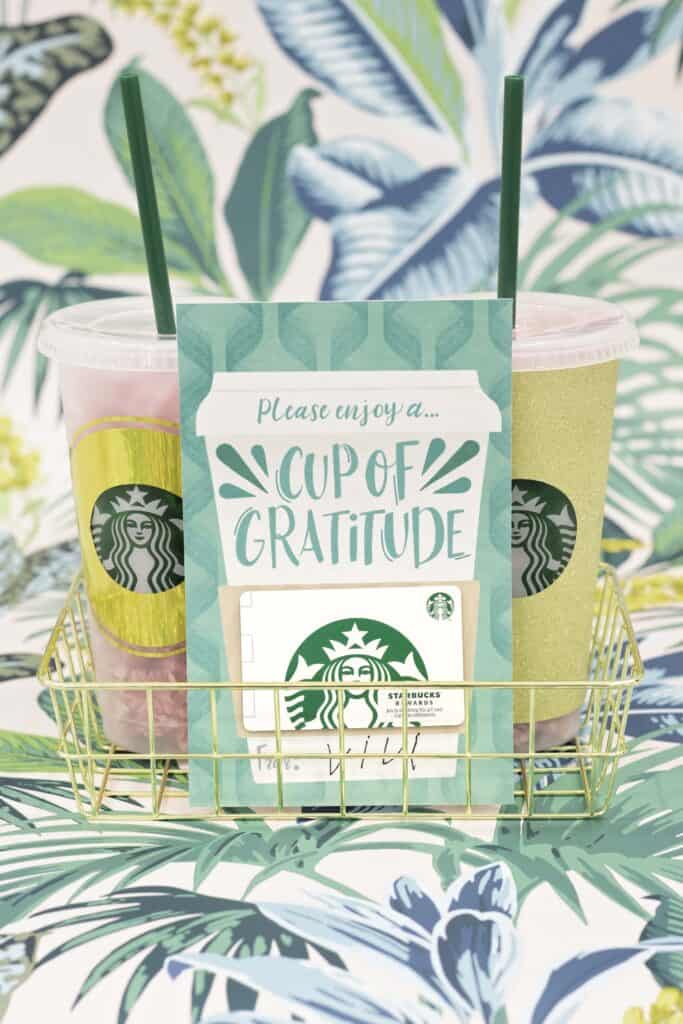 Teacher Gift by popular US craft blog, Sweet Red Poppy: image of a back to school coffee teacher gift card leaning against some Starbuck's cups in a gold wire basket. 