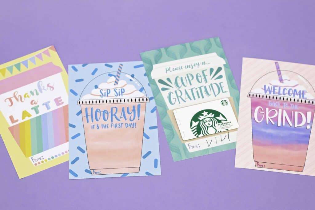 Teacher Gift by popular US craft blog, Sweet Red Poppy: image of various coffee themed teacher gift cards. 