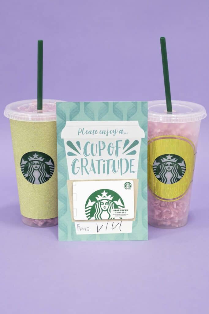 Teacher Gift by popular US craft blog, Sweet Red Poppy: image of a coffee themed teacher gift card leaning up against to Starbuck's tumbler cups. 