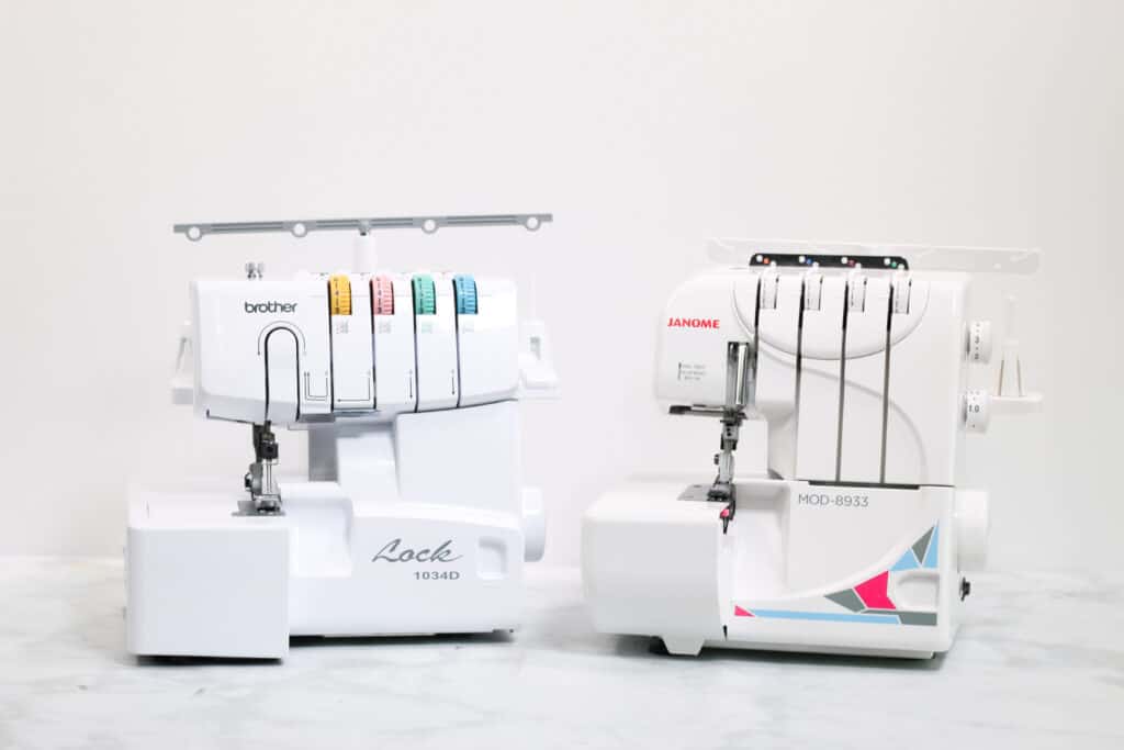 Brother 1034D Serger and Janome MOD-8933 Serger | Serger VS Sewing Machine by popular US sewing blog, Sweet Red Poppy: image of a brother Lock 1034D serger and Janome serger. 