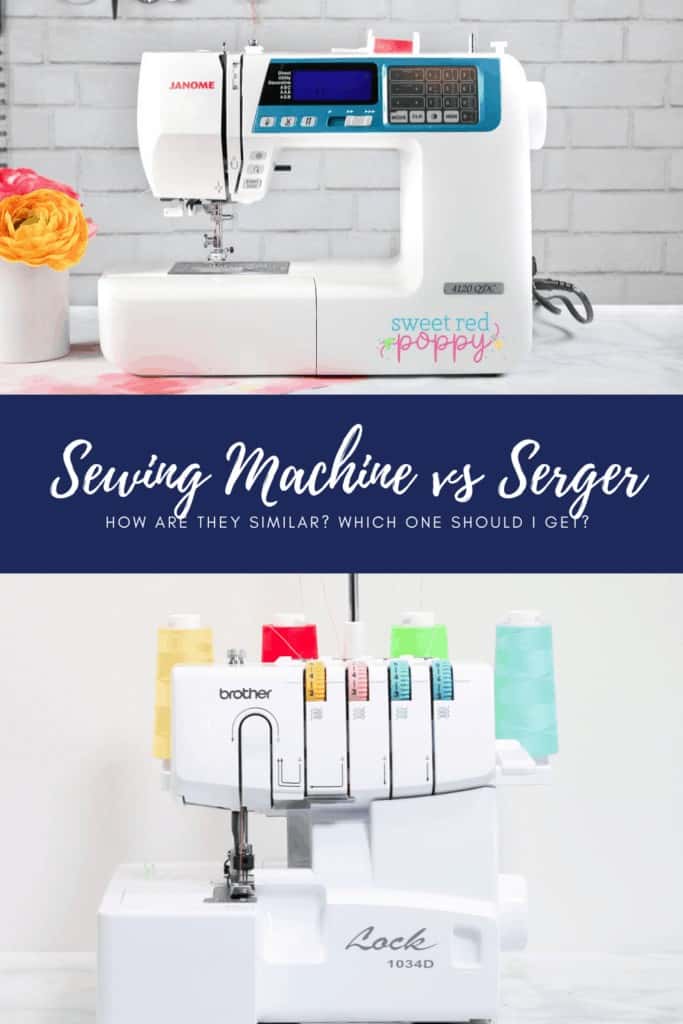 Serger VS Sewing Machine by popular US sewing blog, Sweet Red Poppy: Pinterest image of a Janome sewing machine and brother Lock 1034D serger. 