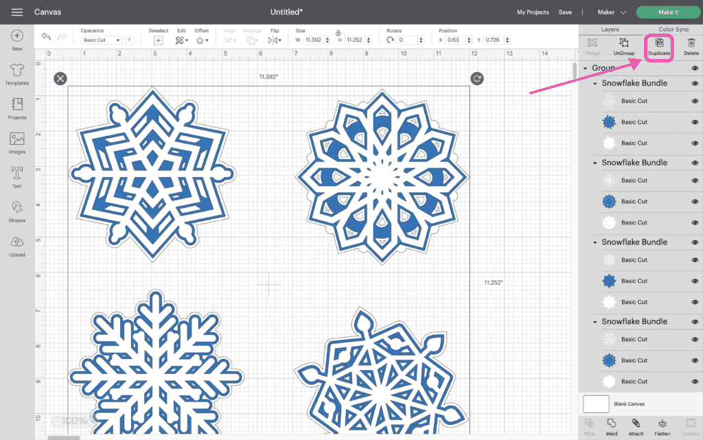 Select the first snowflake and duplicate it by clicking Duplicate in the Layers Panel.
