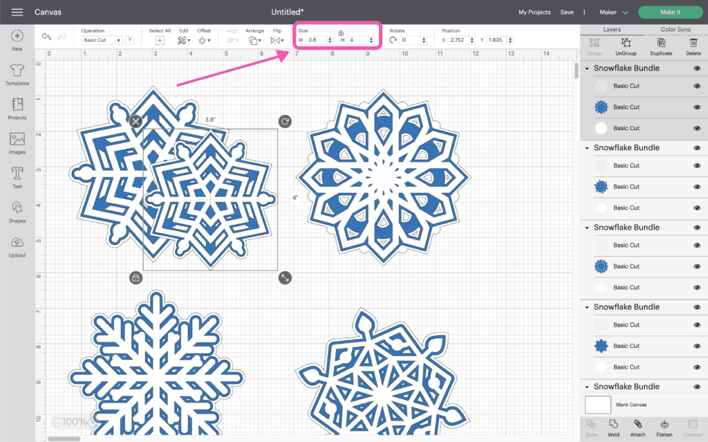 Using the Edit Toolbar at the top, resize the duplicated snowflake to 4" tall.  