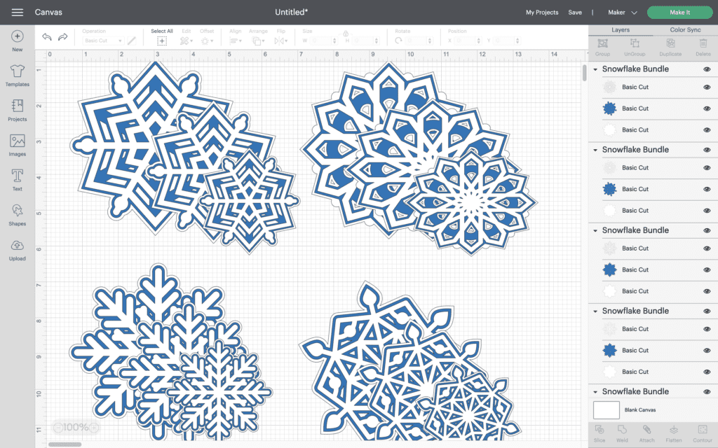 Using the same process of duplicating and resizing, create copies of the other snowflake designs and resize them to 4" and 3" tall.  