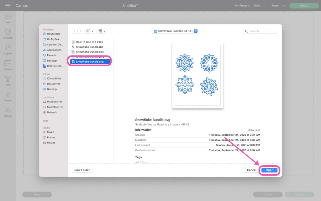 Navigate to the file on your device to click 'Open' it to Cricut Design Space.  
