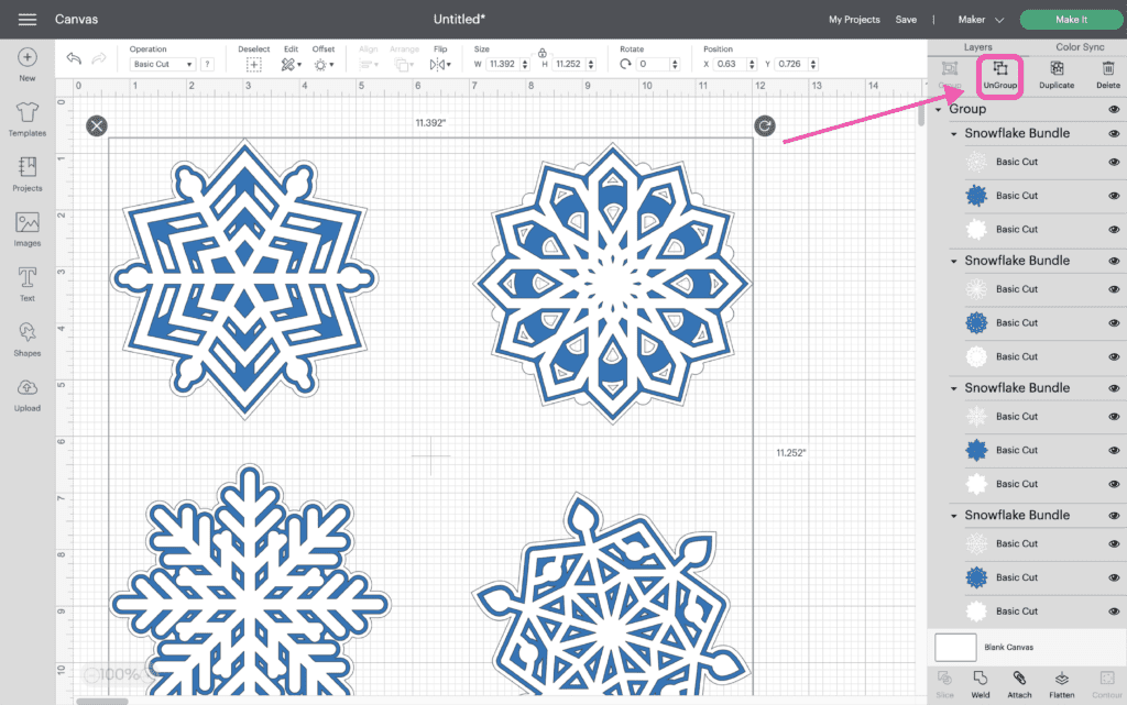 We first need to ungroup the snowflakes by clicking Ungroup at the top of the Layers Panel.