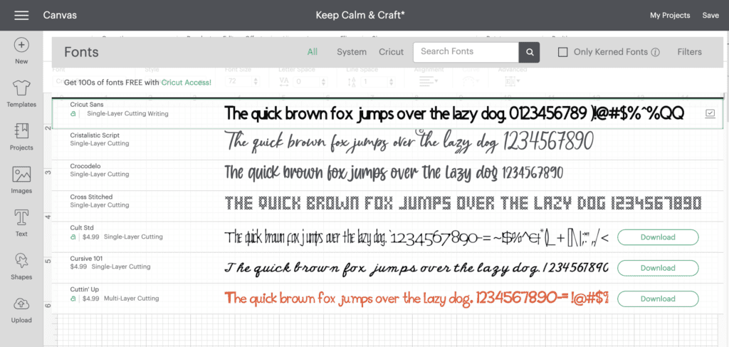 Cricut Design Space allows you to use system fonts