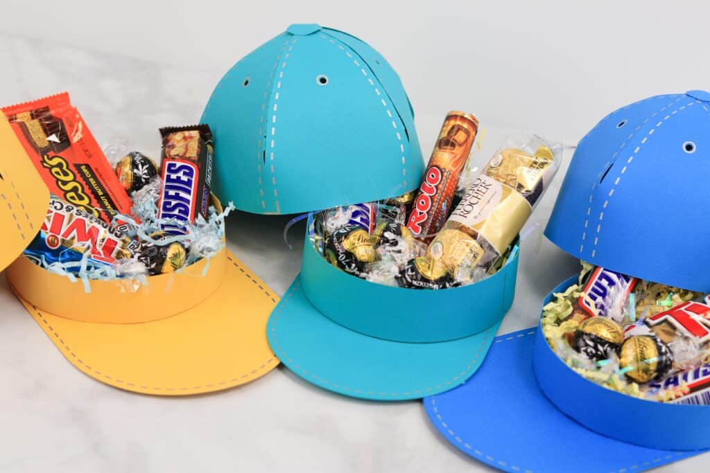 Learn How to Make a 3D Baseball Hat Gift Box Out of Cardstock Paper. Perfect for Birthdays or Father's Day! Free SVG File Template and Step-By-Step Tutorial and Video.