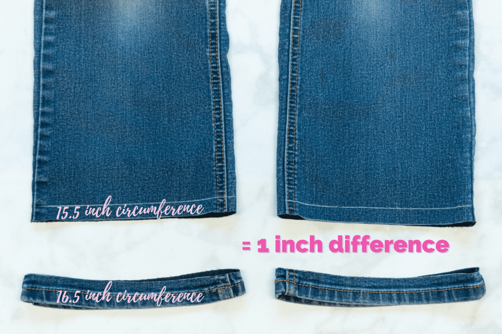 find the difference between the width of the original hem and the pantleg