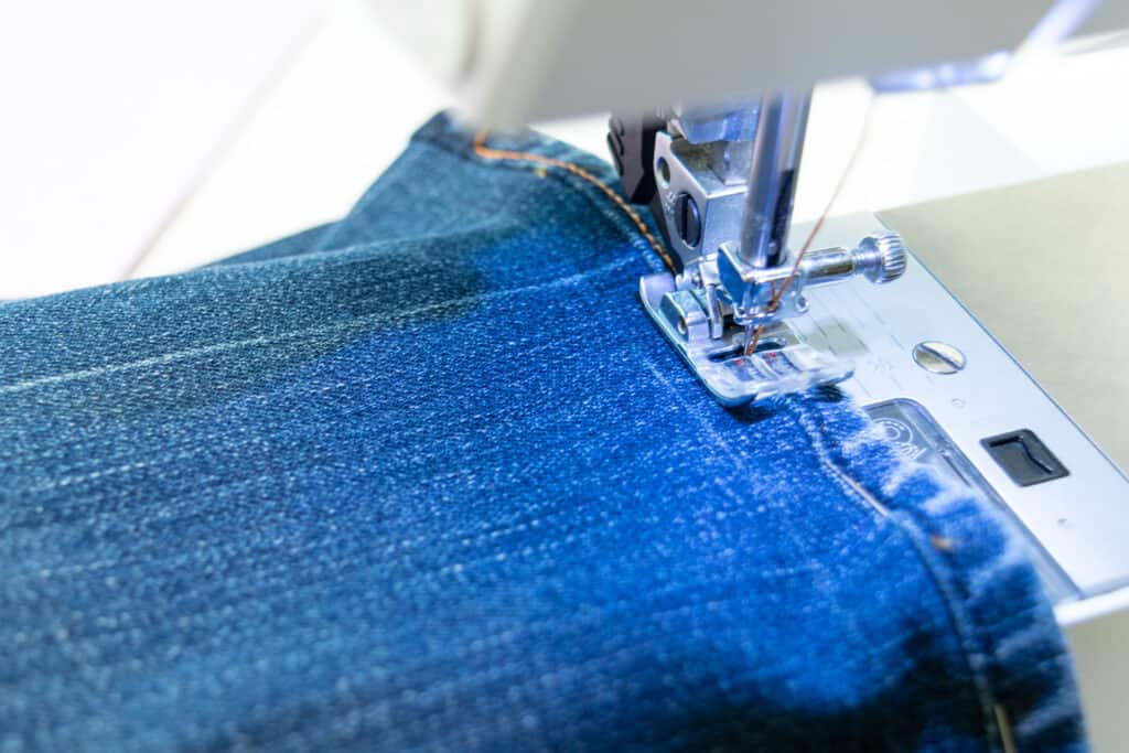 topstitch the original jeans hem by following the original topstitching line