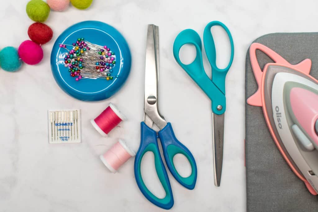 flatlay of supplies needed to finish a seam with no serger