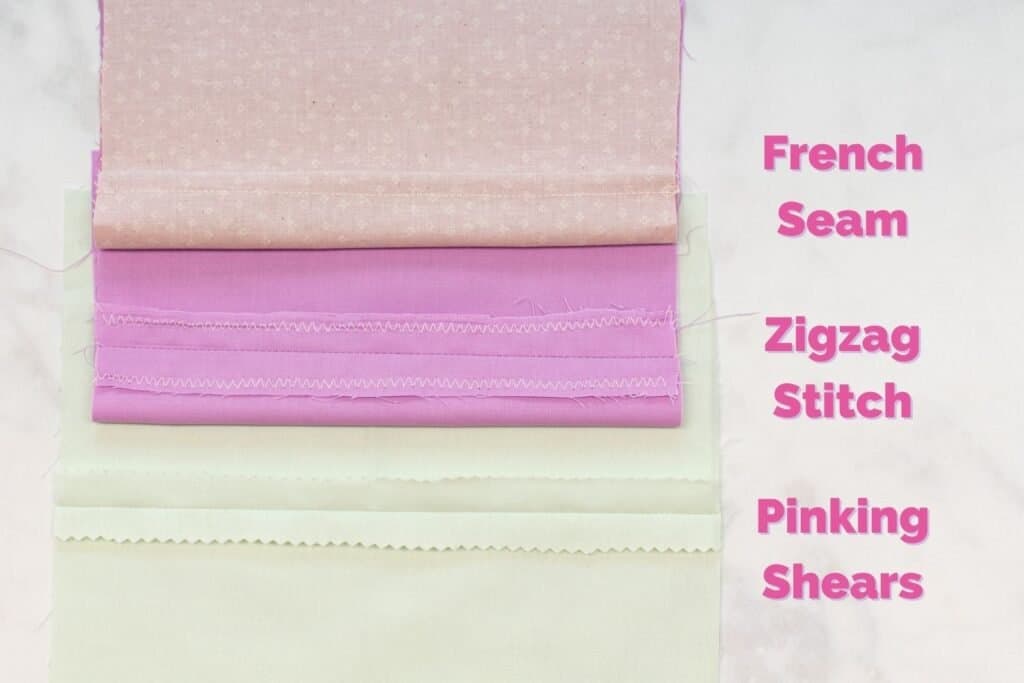 a french seam, seam finished with a zigzag stitch, and a seam finished with pinking shears