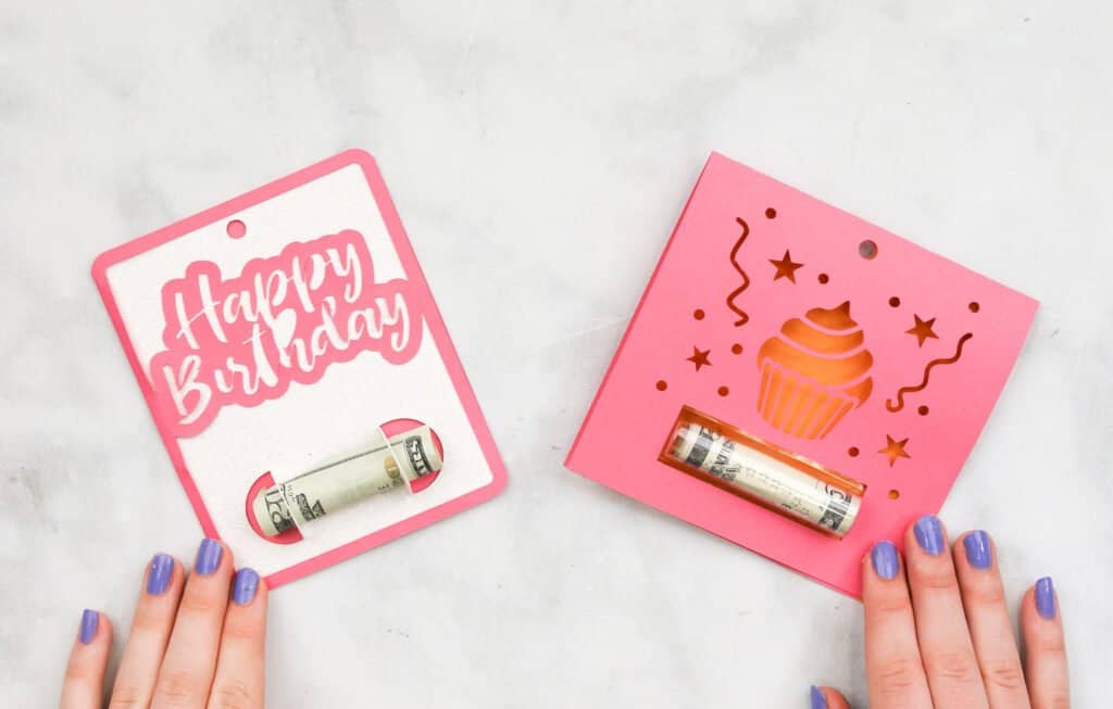 Showing two versions of Happy Birthday money gift card holders