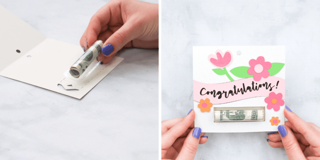 Placing plastic pouch on top of guidelines inside of congrats money gift card holders, then showing a finished congratulations card