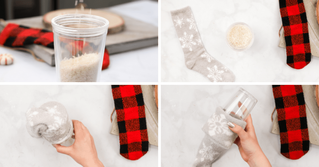 Step-By-Step process of filling sock with rice using cup. 