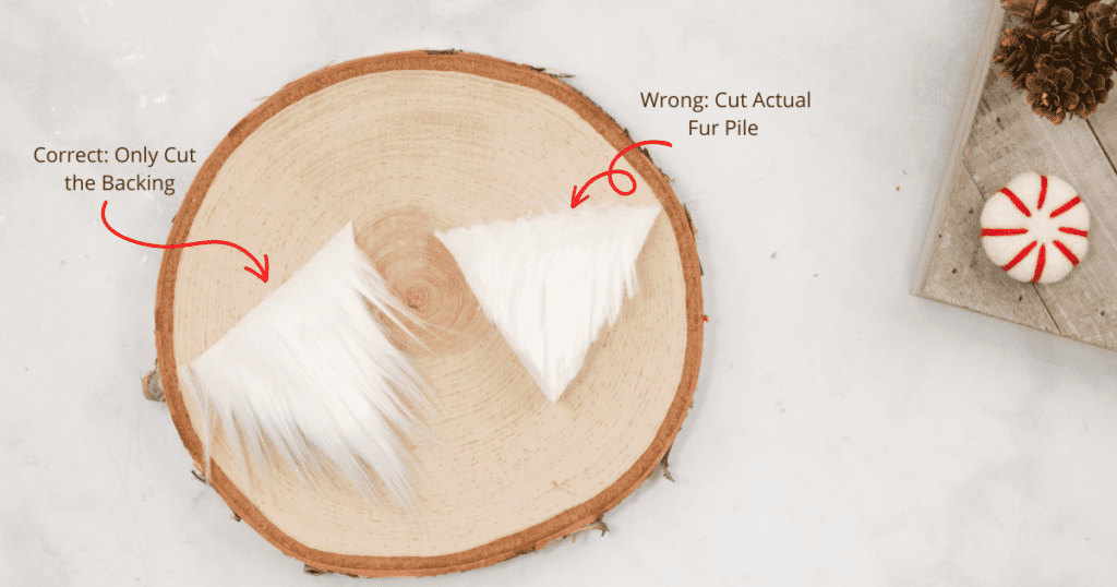 Two pieces of faux fur triangles showing the difference between the right and wrong way of cutting the fabric 