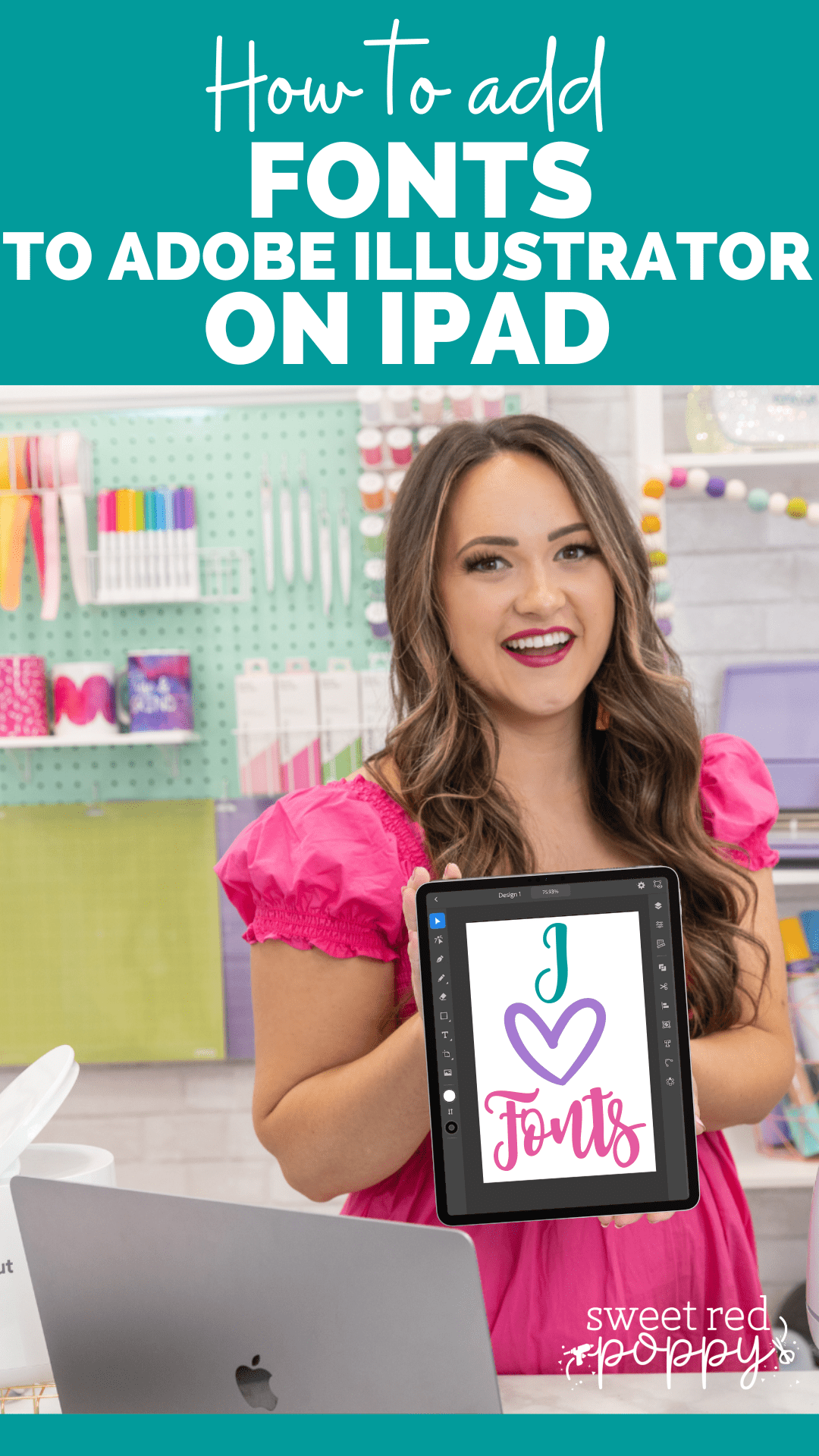 Kim holding iPad that says, how to upload fonts to adobe illustrator