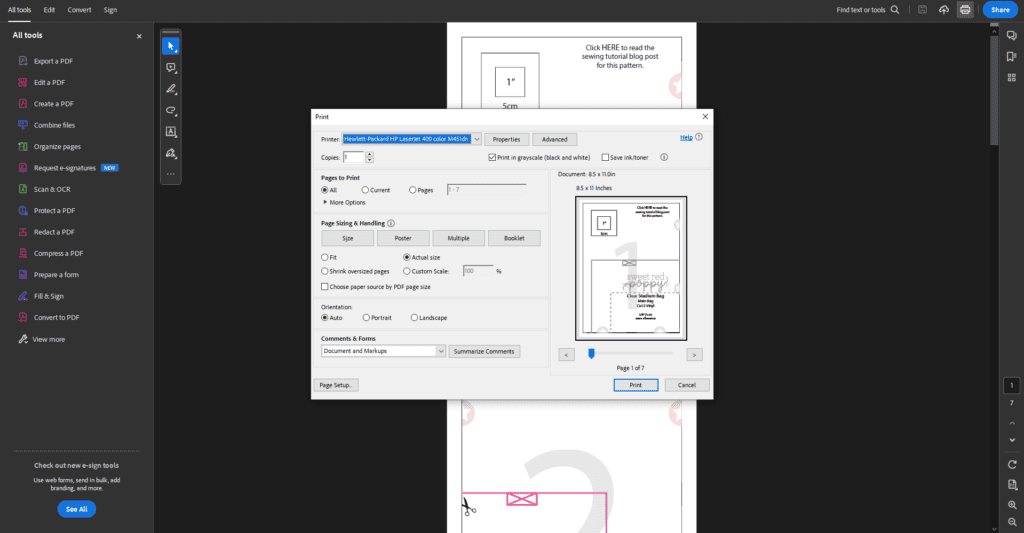 pdf sewing pattern print settings