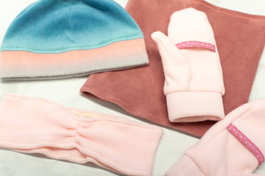 various fleece winter items like hats and mittens