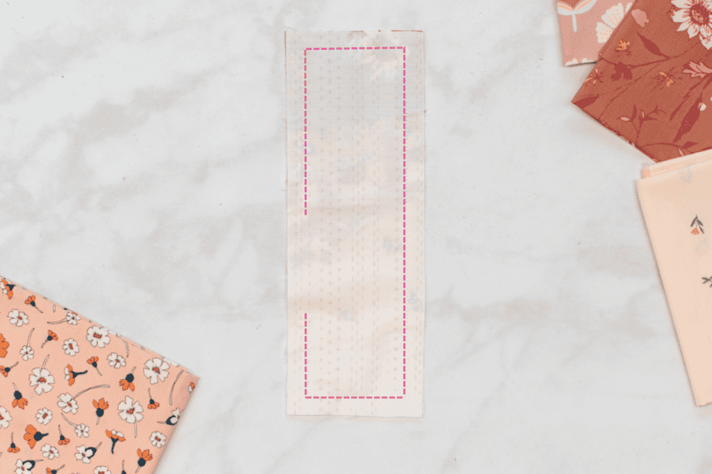 a graphic showing where to stitch the pieced bookmark